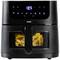 Crni Airfryer s digitalnim zaslonom prikazuje 185°C. Kroz prozorčić se naziru pečeni krumpirići. Upravljački elementi svijetle plavo.