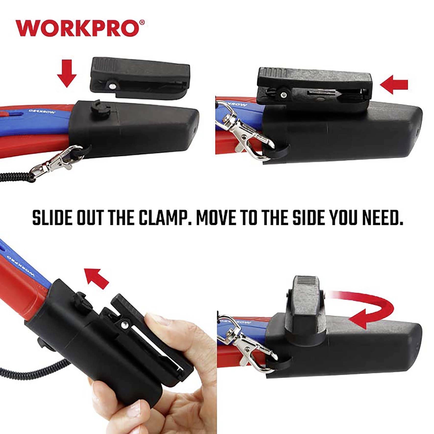 Slika prikazuje nosač alata tvrtke WorkPro. Nosač se postavlja i pomiče u stranu. Prikazana su tri koraka.