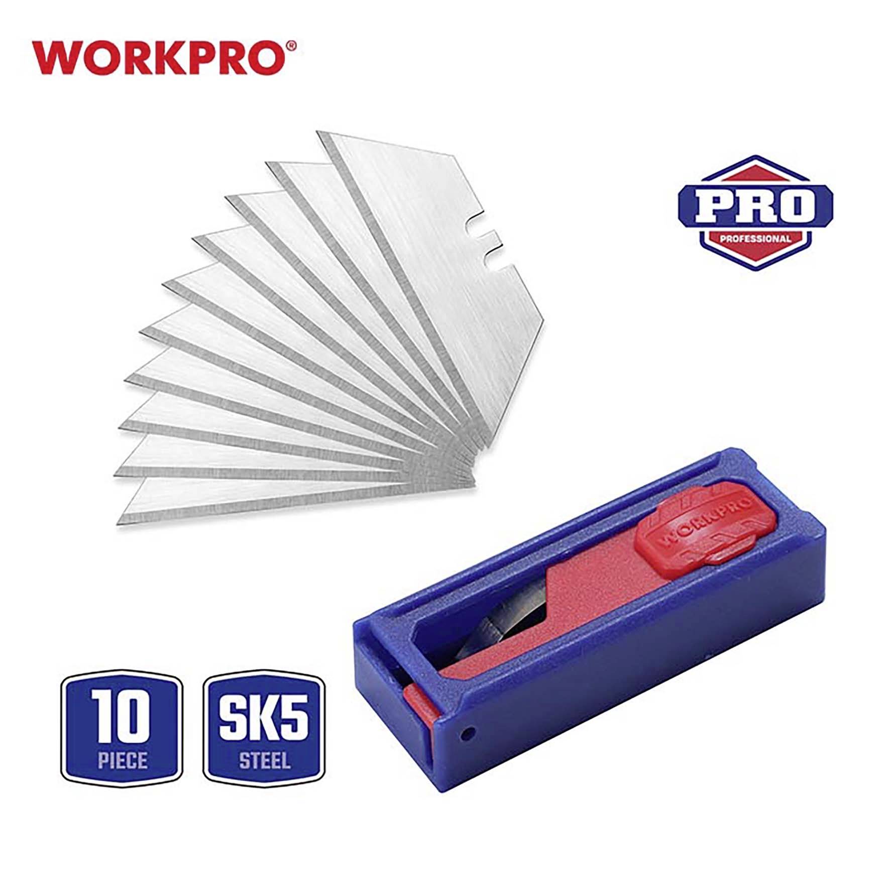 Workpro 10-dijelni set reznih oštrica od SK5 čelika s plavim i crvenim nosačem, pogodan za profesionalnu upotrebu.