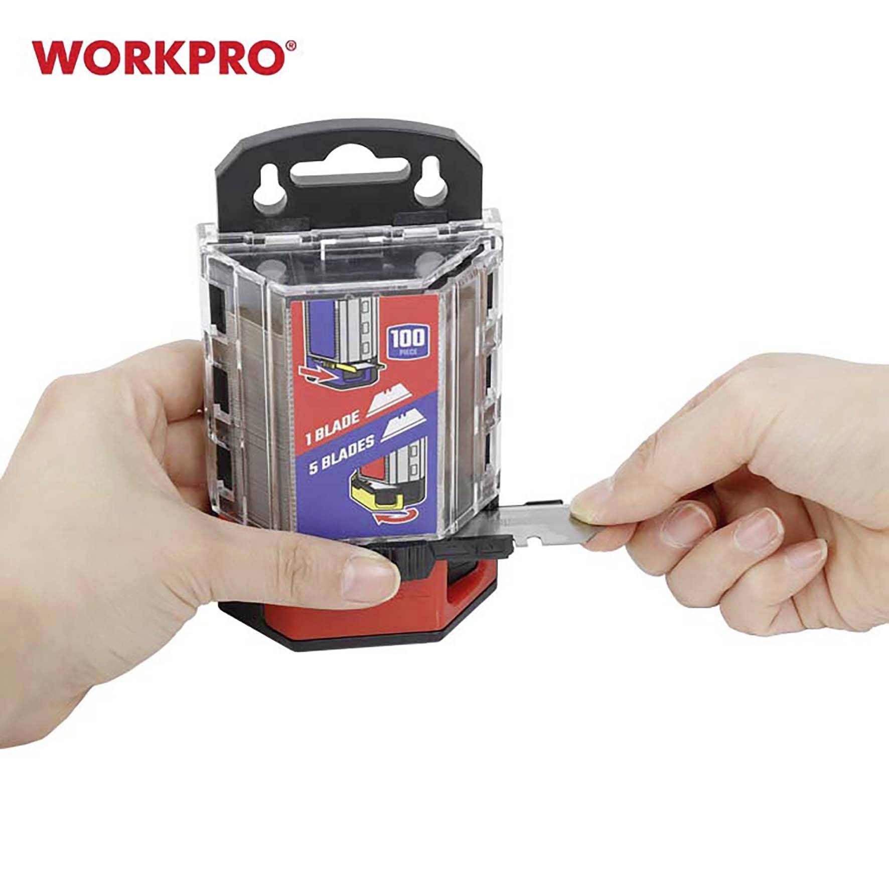 'WORKPRO' kutija za oštrice, ruka drži oštrice; naljepnica prikazuje '1 oštrica' i '5 oštrica'; spremnik za odlaganje sigurnosnih oštrica.