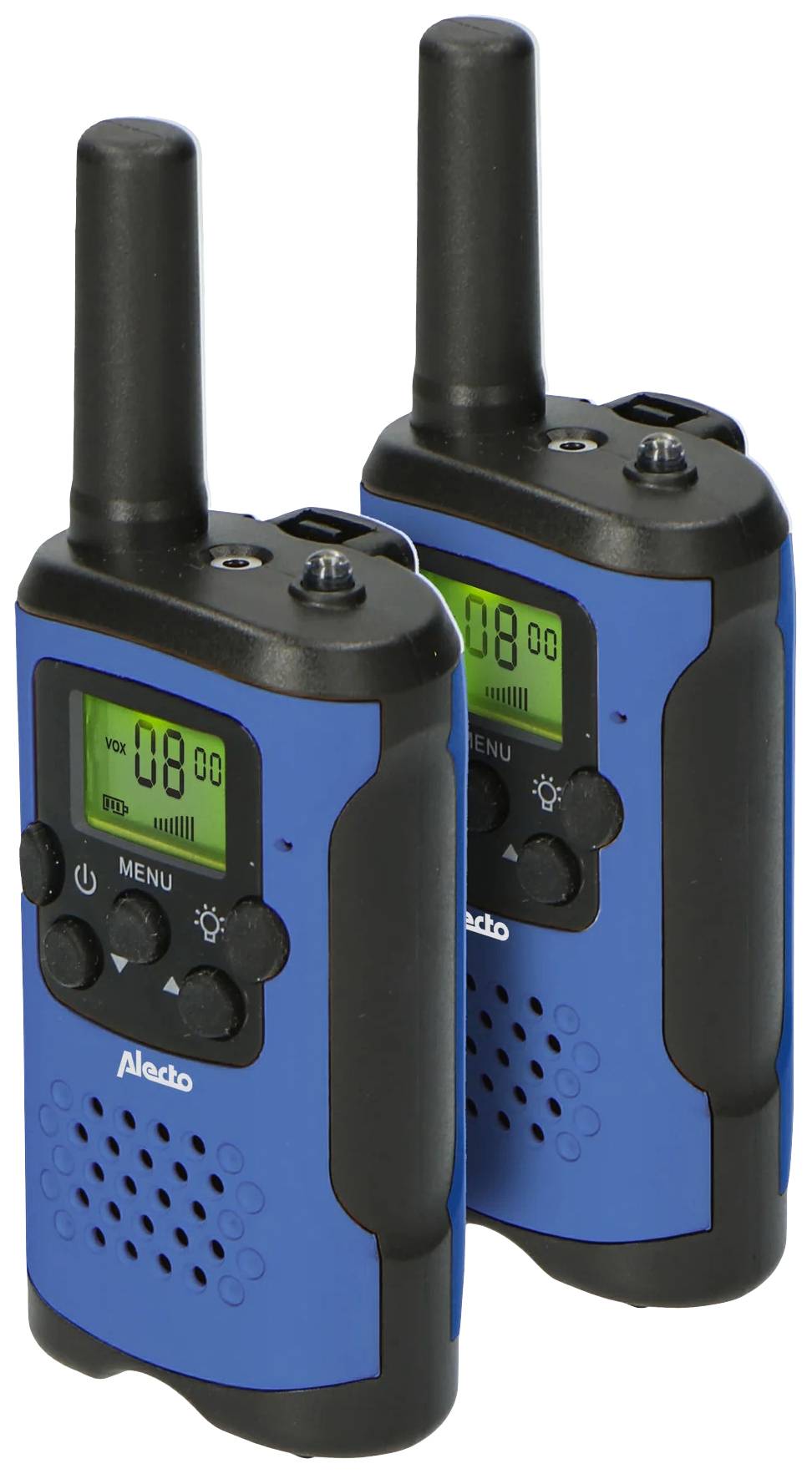 Dva plava walkie-talkija s crnim antenskin završetkom, digitalnim zaslonom i nekoliko tipki za upravljanje.