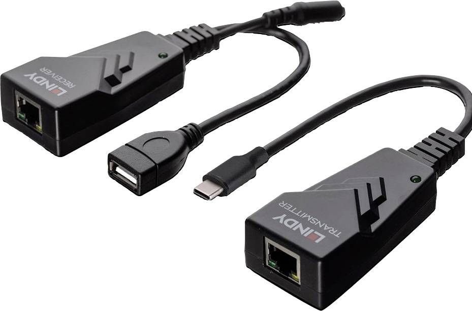Dva crna HDMI-na-USB-C adaptera s natpisom 'Lindy Transmitter' povezuju HDMI uređaje s USB-C priključcima za prijenos podataka.