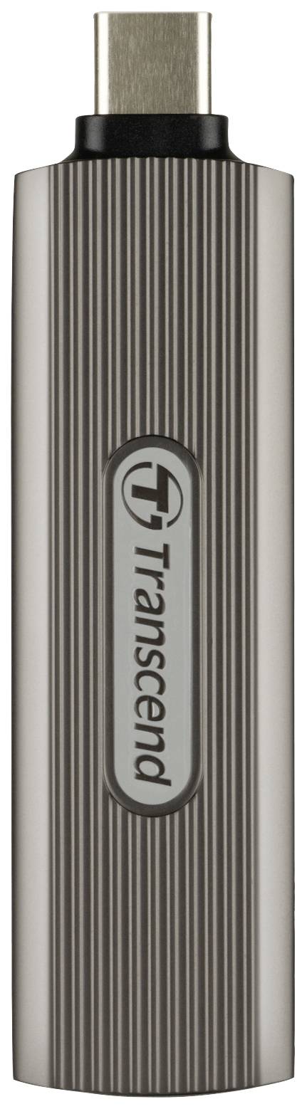 Metalni USB stick s USB-C priključkom, vertikalno orijentiran, naziv brenda 'Transcend' vidljiv u sredini.