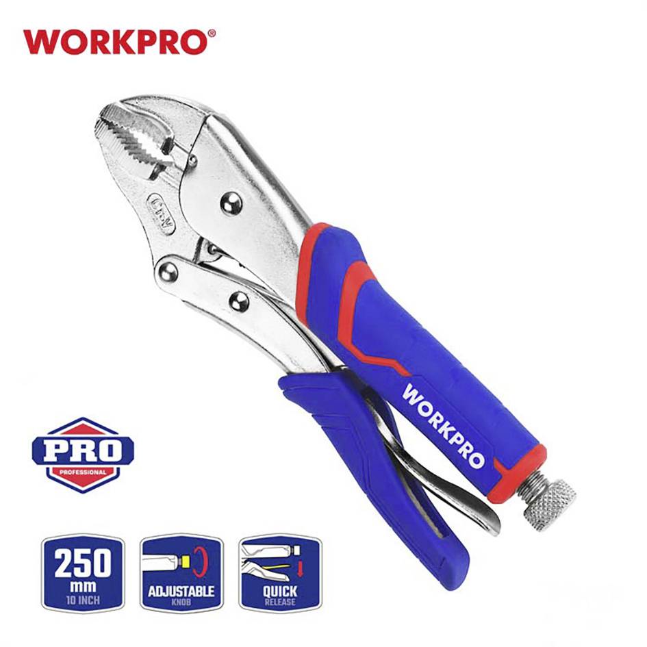 'WORKPRO' stezaljka za fiksiranje s crvenom i plavom ručkom. Pro-serija, duljina 250 mm, podesiva s mehanizmom za brzo stezanje.