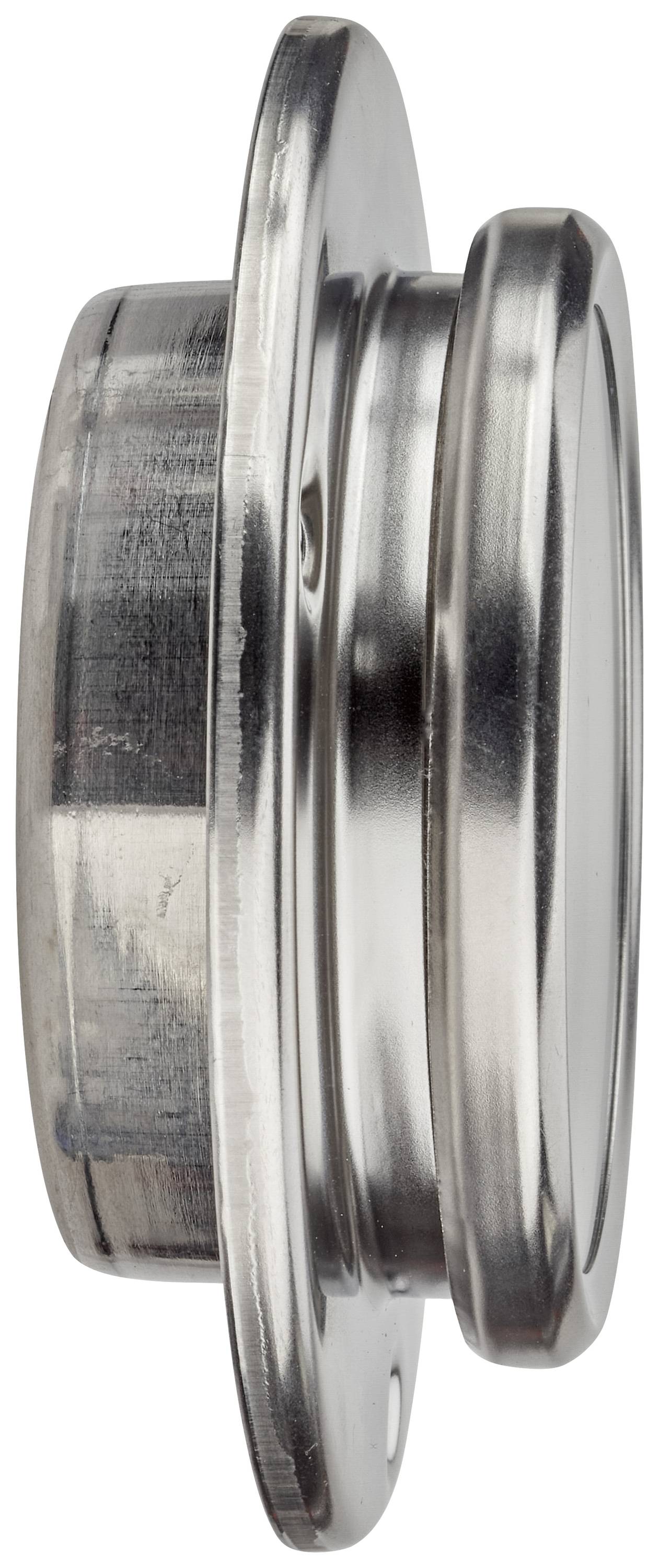 Srebrna metalna prirubnica okruglog oblika, prikazana sa strane. Ima sjajnu površinu s dva otvora za učvršćivanje.