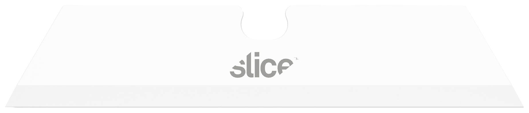 Bijelo oštrice sa zaobljenim uglovima i malenom rupom u sredini. Logo 'slice' sive boje na prednjoj strani.