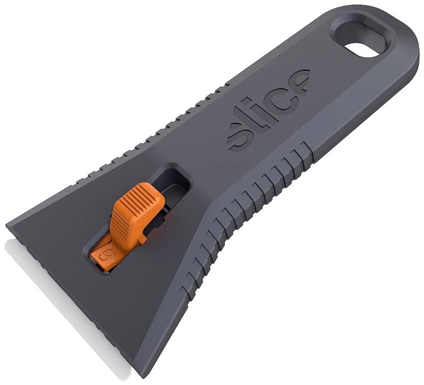 Crni plastični strugač s ergonomskom ručkom i uvlačivom narančastom oštricom koja osigurava sigurano rezanje.