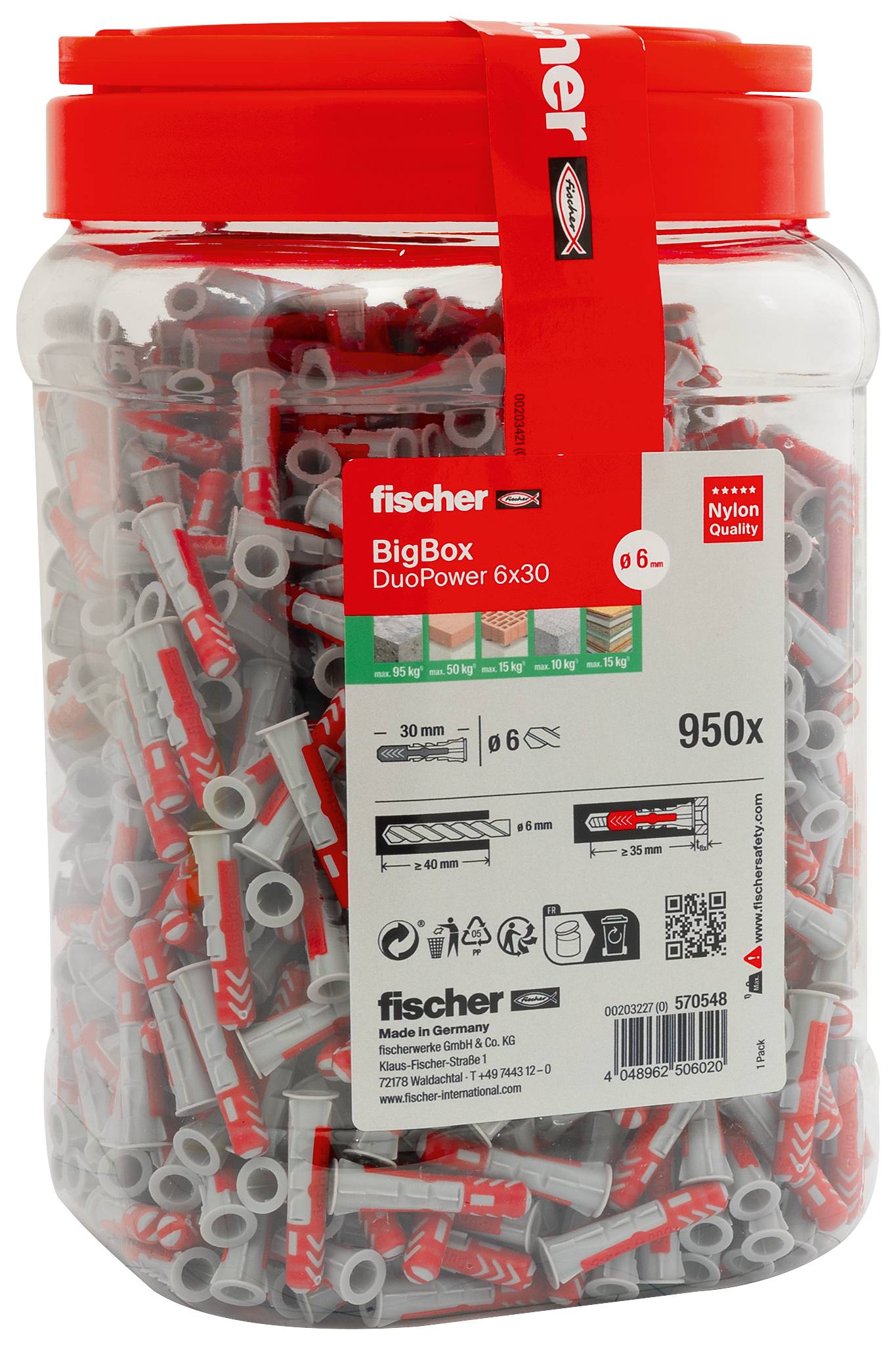 Staklenka Fischer BigBox DuoPower 6x30 zidnih tiplica, označena sa '950x', s crvenim poklopcem i trakom, ispunjena sivim i crvenim plastičnim tiplima.