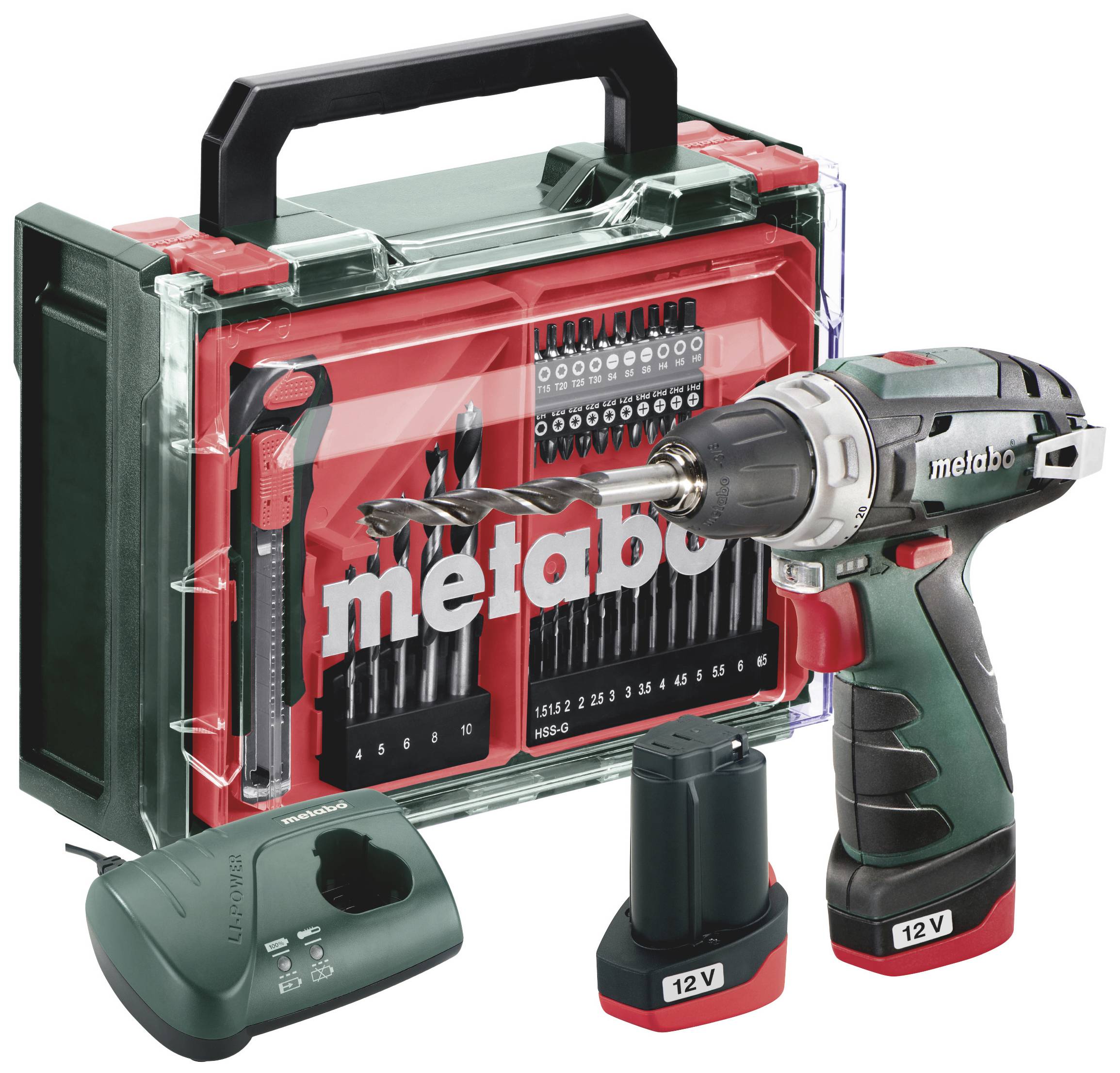 Metabo PowerMaxx BS Basic Set 600080710 Borrskruvdragare batteri 12 V 2 Ah Li-Ion inkl. 2x batterier, inkl. laddare, borstfri, inkl. v&auml;ska, inkl. Tillbeh&ouml;r