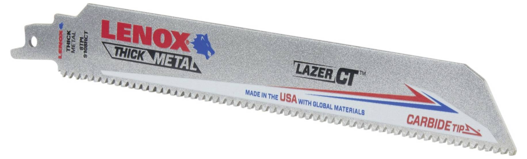 List za sabljaste pile s natpisom 'LENOX THICK METAL', 'MADE IN USA' i 'CARBIDE TIP'. Namijenjen debelim metalnim materijalima.