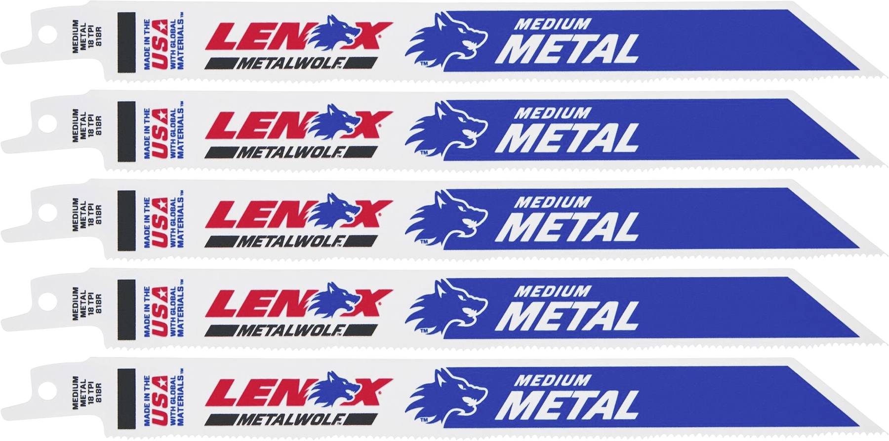 Pet metalnih listova pile s natpisom 'LENOX Metalwolf Medium Metal' i plavom ilustracijom vuka na svakom listu.