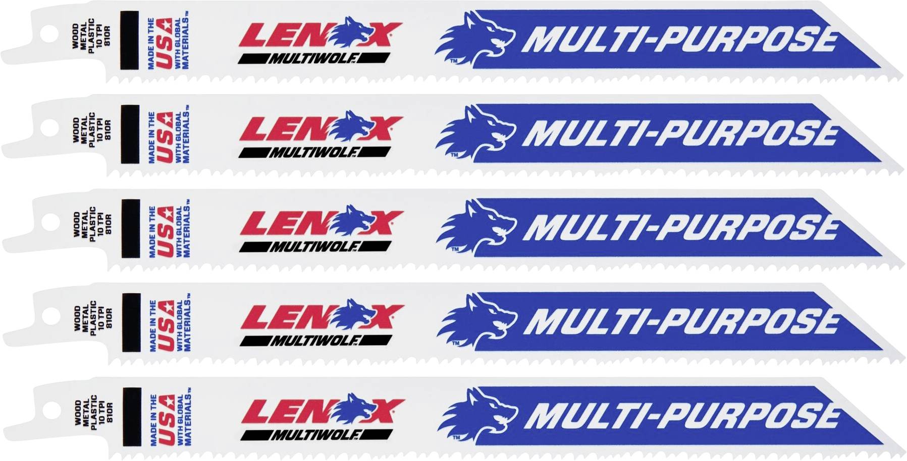 Pet listova pile s plavim natpisom 'MULTI-PURPOSE' i logotipom vučje glave, prikladnih za raznovrsne primjene. Marka: Lenox.