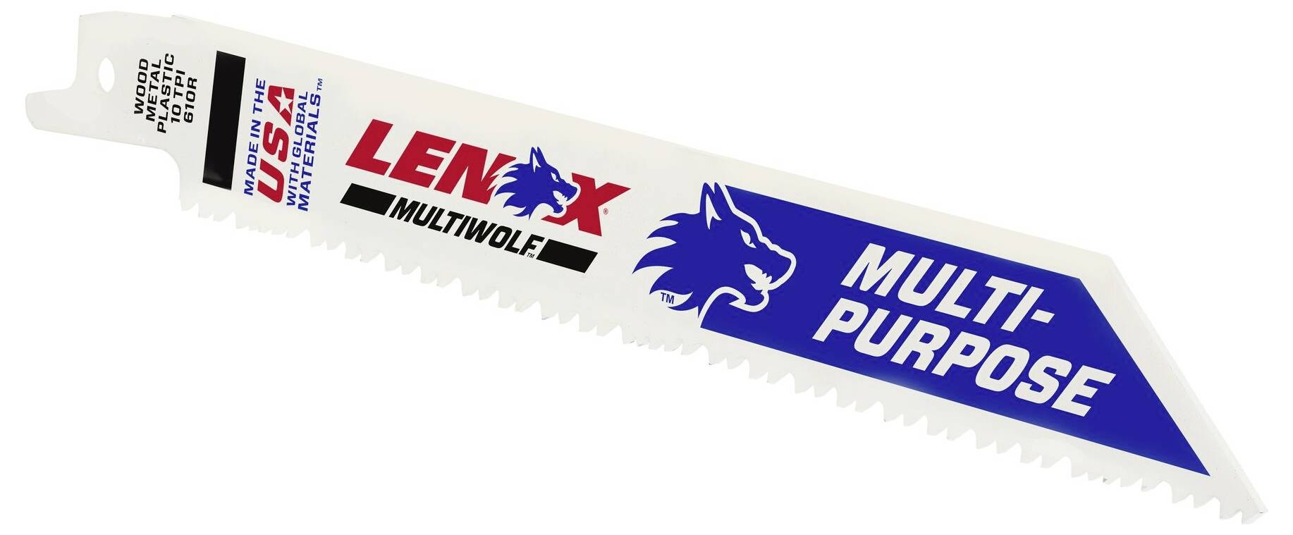 Listić pile s natpisom 'LENOX MULTI-PURPOSE', plavi vučji logotip. Dizajniran za višenamjensku upotrebu, izrađen u SAD-u.