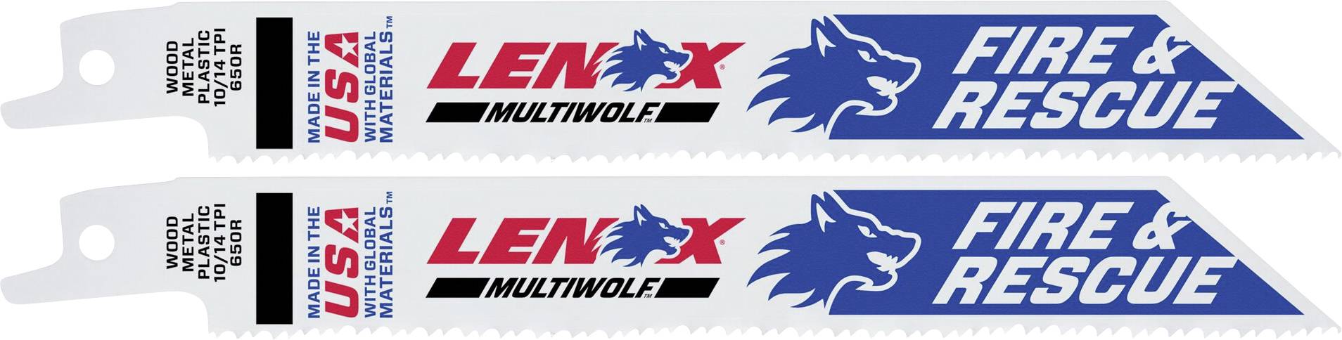 Dva lista recipročne testere marke 'Lenox', model 'Fire & Rescue', sa logom vuka i natpisima 'Napravljeno u SAD-u' i 'Brzo rezanje drva i metala'.
