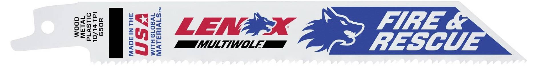 Višenamjensko pile s natpisom 'LENOX FIRE & RESCUE' i logom vuka, izrađeno u SAD-u, pogodno za spašavanje.
