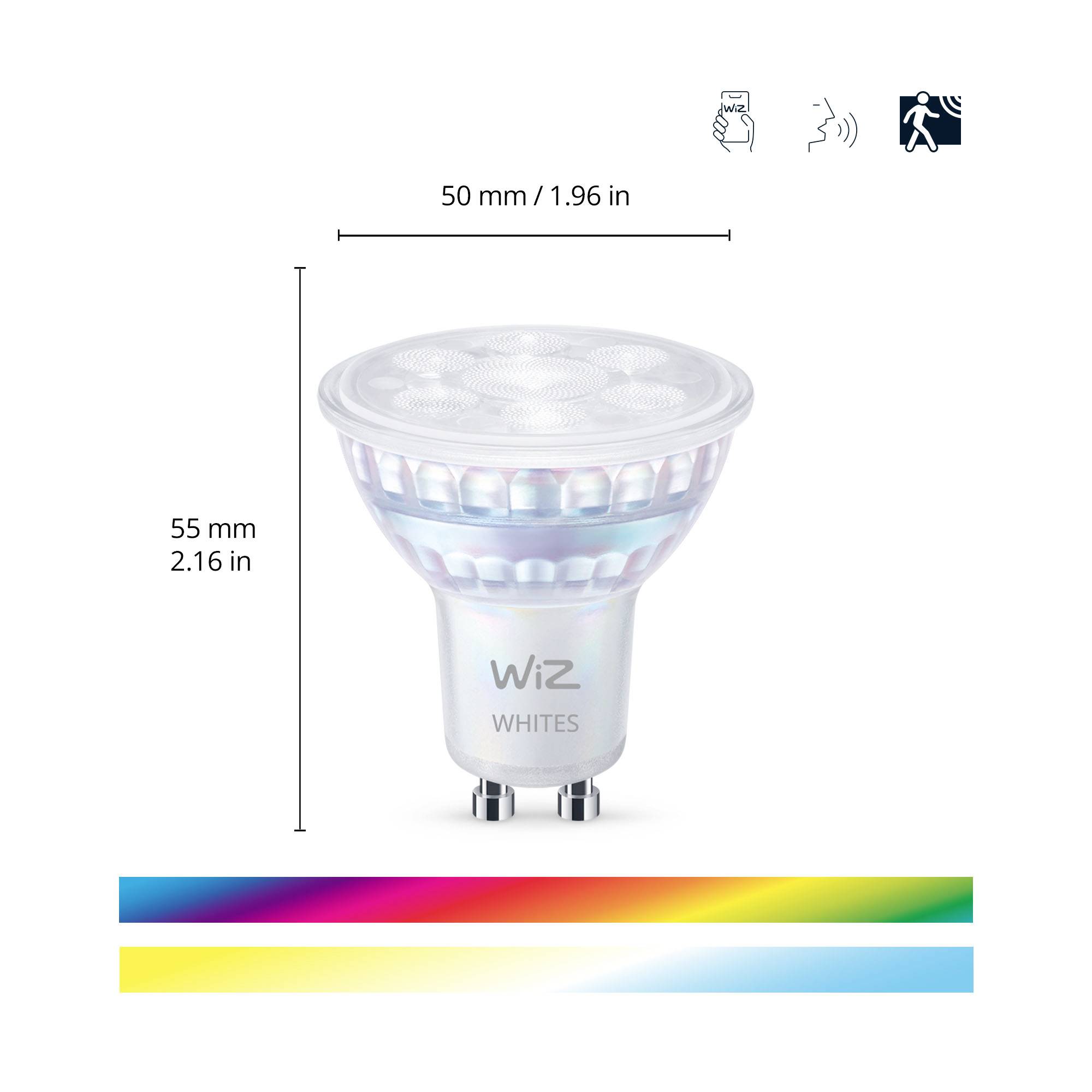 WiZ LED žarulja s dimenzijama: 50 mm promjera, 55 mm visine. Crteži prikazuju upravljanje glasom i aplikacijom. Spektar boja ispod.