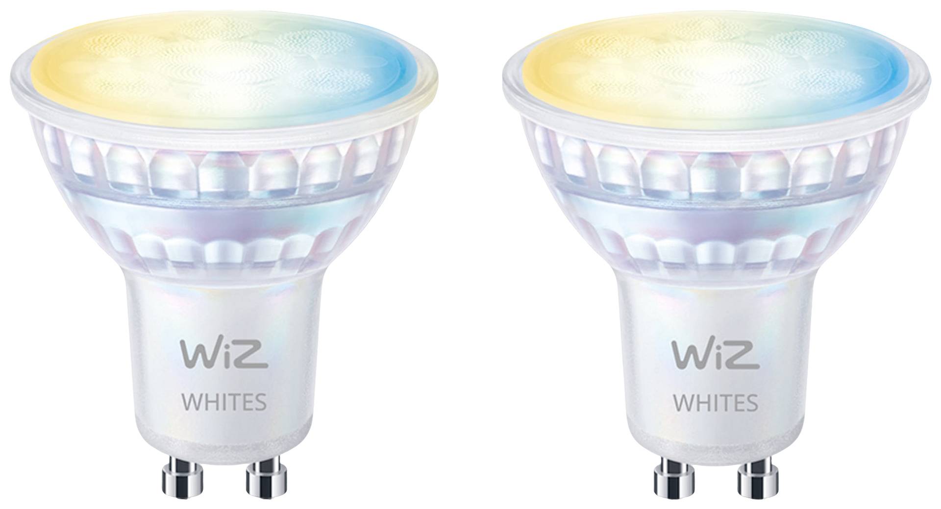 Dvije WiZ Whites LED žarulje s GU10 nastavkom. Gore svijetle plavim i žutim svjetlom. Pogodne su za pametno osvjetljenje.