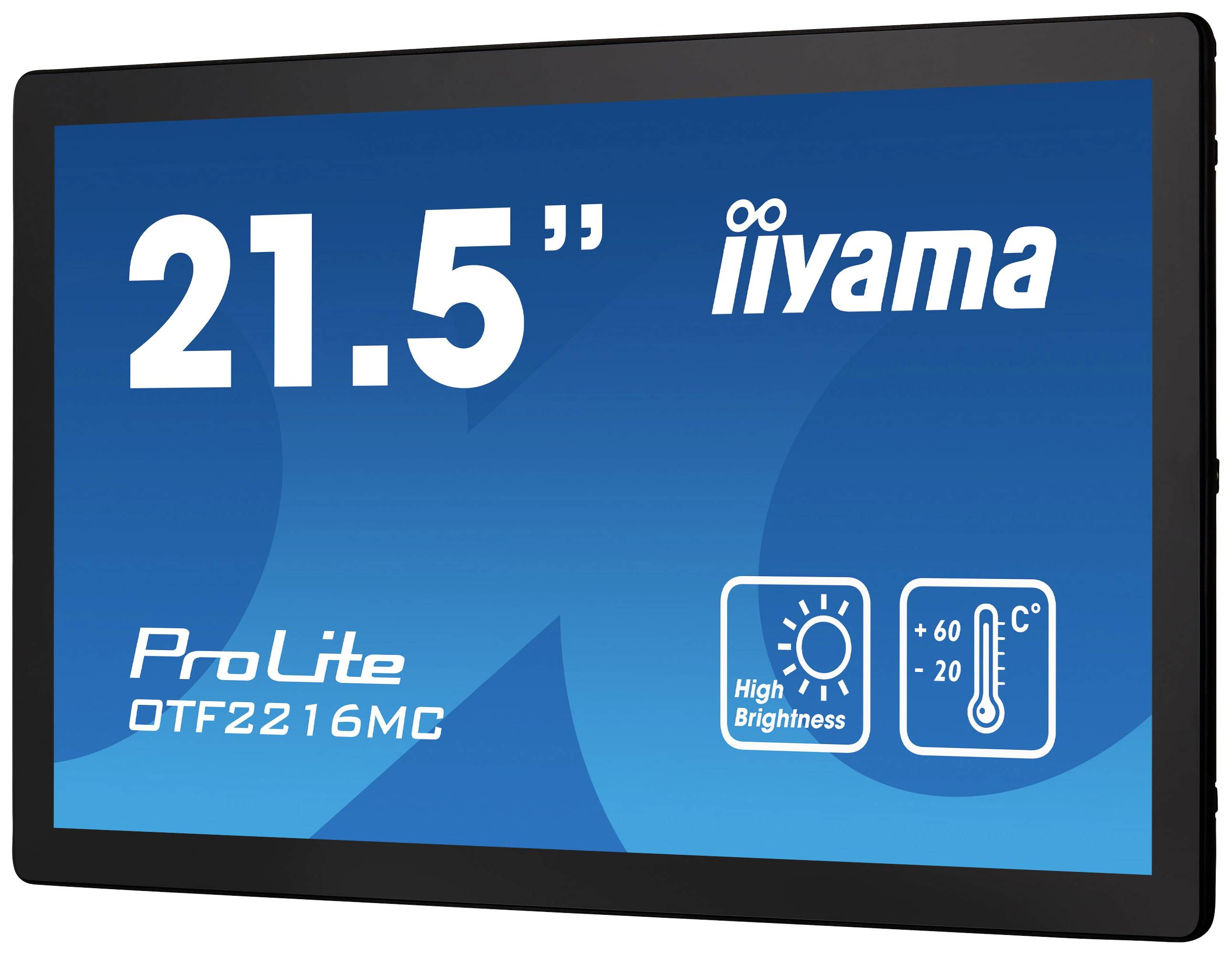 Slika monitora s natpisom '21,5" iiyama ProLite OTF2216MC'. Simboli za svjetlinu i temperaturu također su vidljivi.