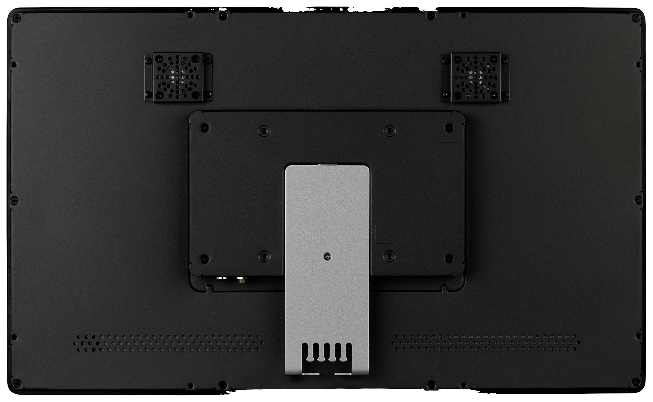 Pogled straga na crnom monitoru s centralnom nosačem i ventilacijskim otvorima u gornjem lijevom i desnom kutu.