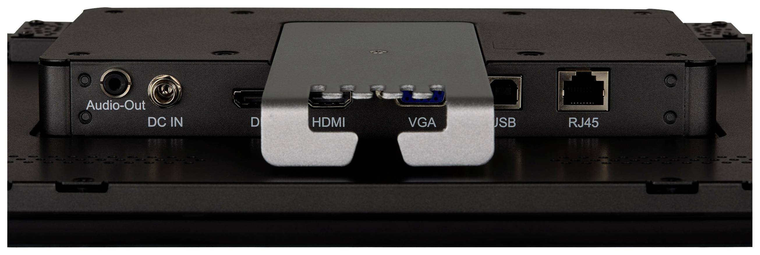 Pogled straga uređaja s priključcima: Audio-Out, DC IN, DisplayPort, HDMI, VGA, USB i RJ45.