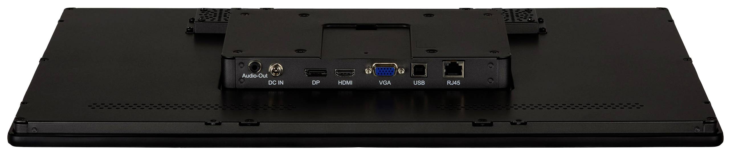 Pogled straga na monitoru s priključcima: HDMI, VGA, DisplayPort, USB, mrežni kabel i LAN.