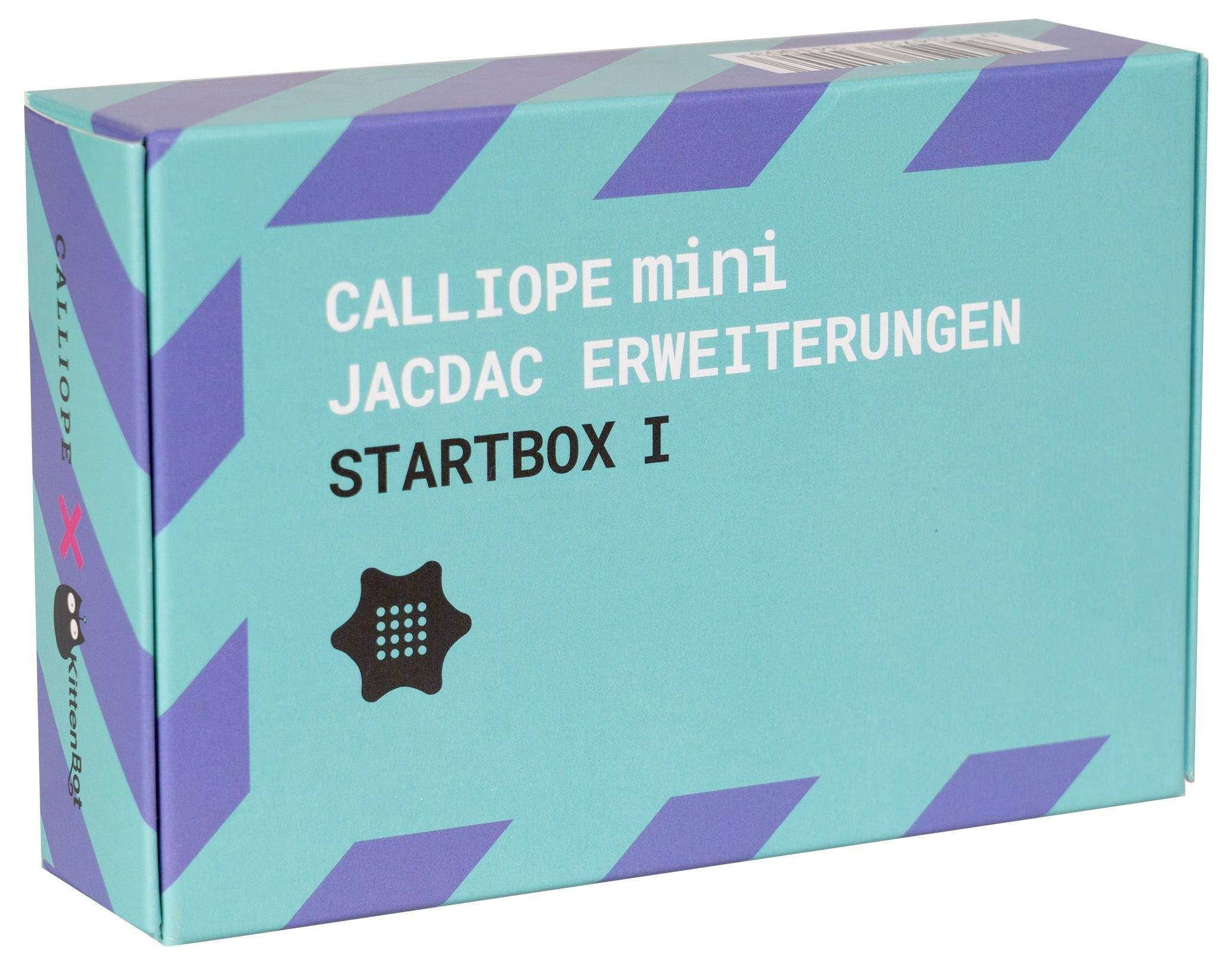Tirkizna kutija s natpisom 'CALLIOPE mini JACDAC proširenja STARTBOX I'. Lijevo je simbol, a desno dijagonalno uzorak.