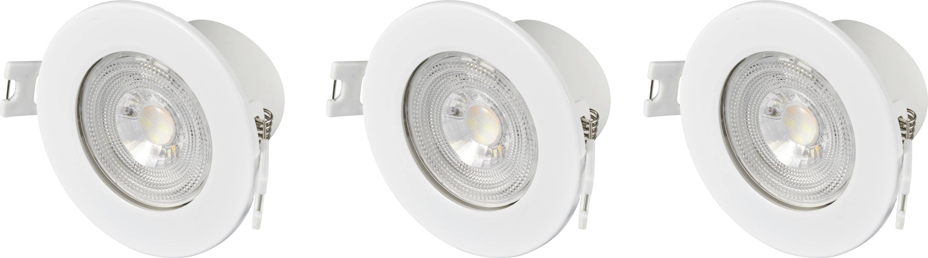 Tri okrugla, bijela stropna osvjetljenja poredana u nizu. Svaka lampa ima prozirno staklo i sadrži LED žarulju.