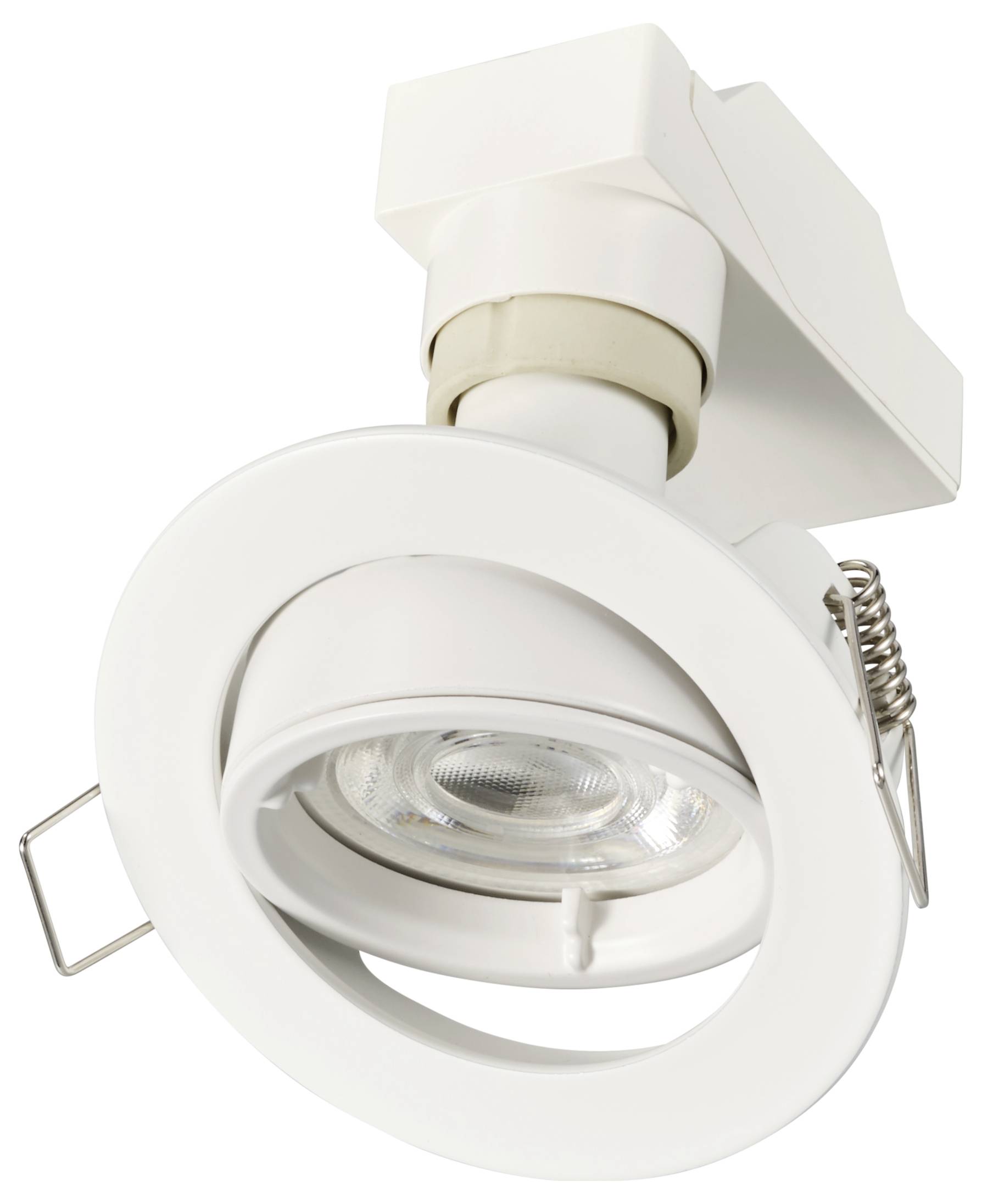 Bijela stropna lampa s zakretnim LED reflektorom, montažna na kvadratnoj bazi. Podesna za precizno naglašavanje osvjetljenja.