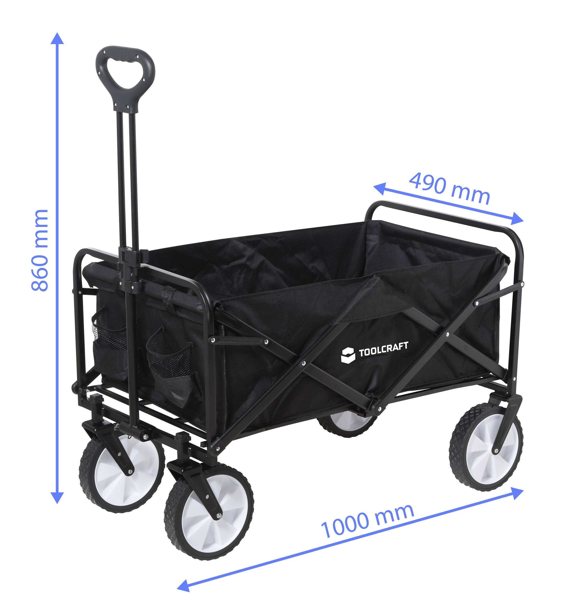 Sklopivi crni kolica za alat s ručkom, otvorene veličine 1000 mm dužine, 490 mm širine i 860 mm visine. Natpis: 'Toolcraft'.