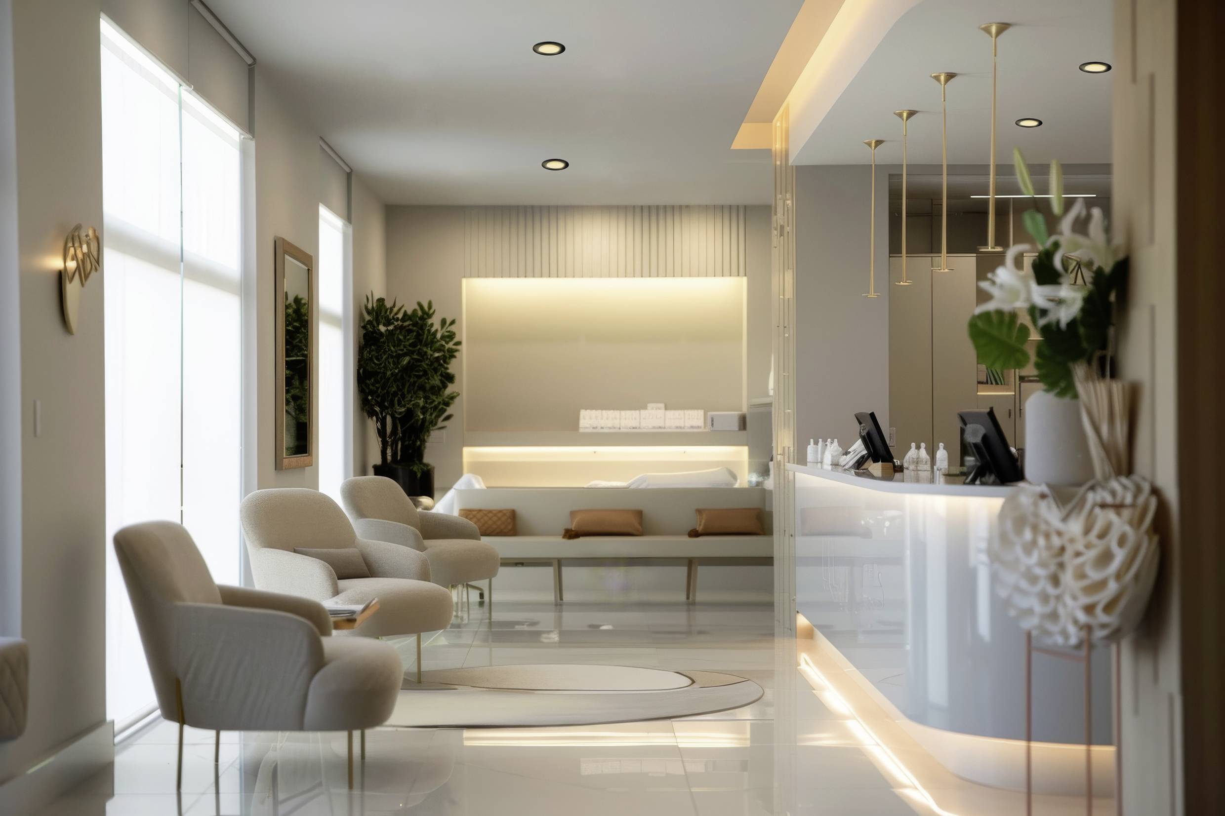 Elegantan čekaonički prostor s modernim foteljaima, recepcijskim šalterom i diskretnom koncepcijom osvjetljenja. Pozivna atmosfera.