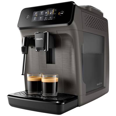Crna kafetijera s dodirnim zaslonom i dvije šalice espresso kave na ocjednoj posudi.