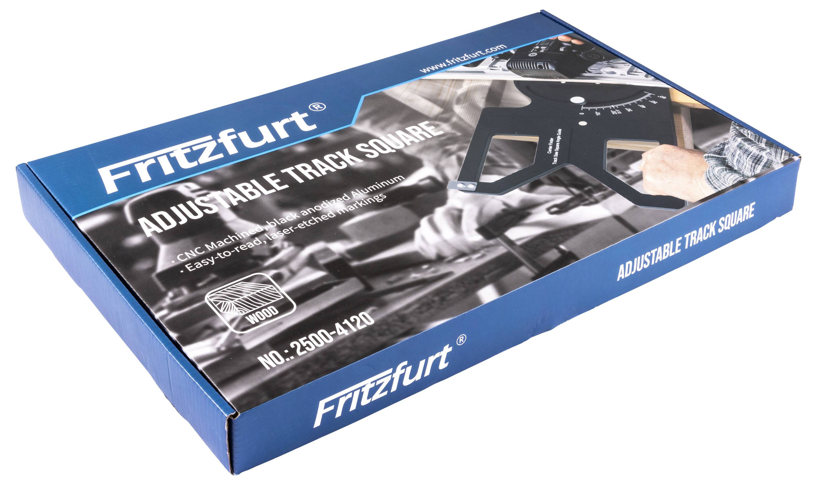 Plava kutija za alate Blue Fritzfurt s modelom 'Adjustable Track Square' prikazana na bijeloj pozadini, označena brojem modela 2500-4120.