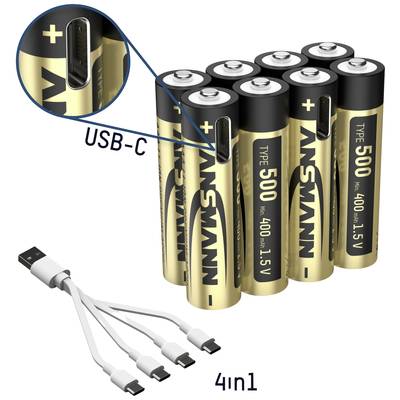 Osam AA baterija s USB-C priključkom i 4-u-1 punjačkim kabelom.