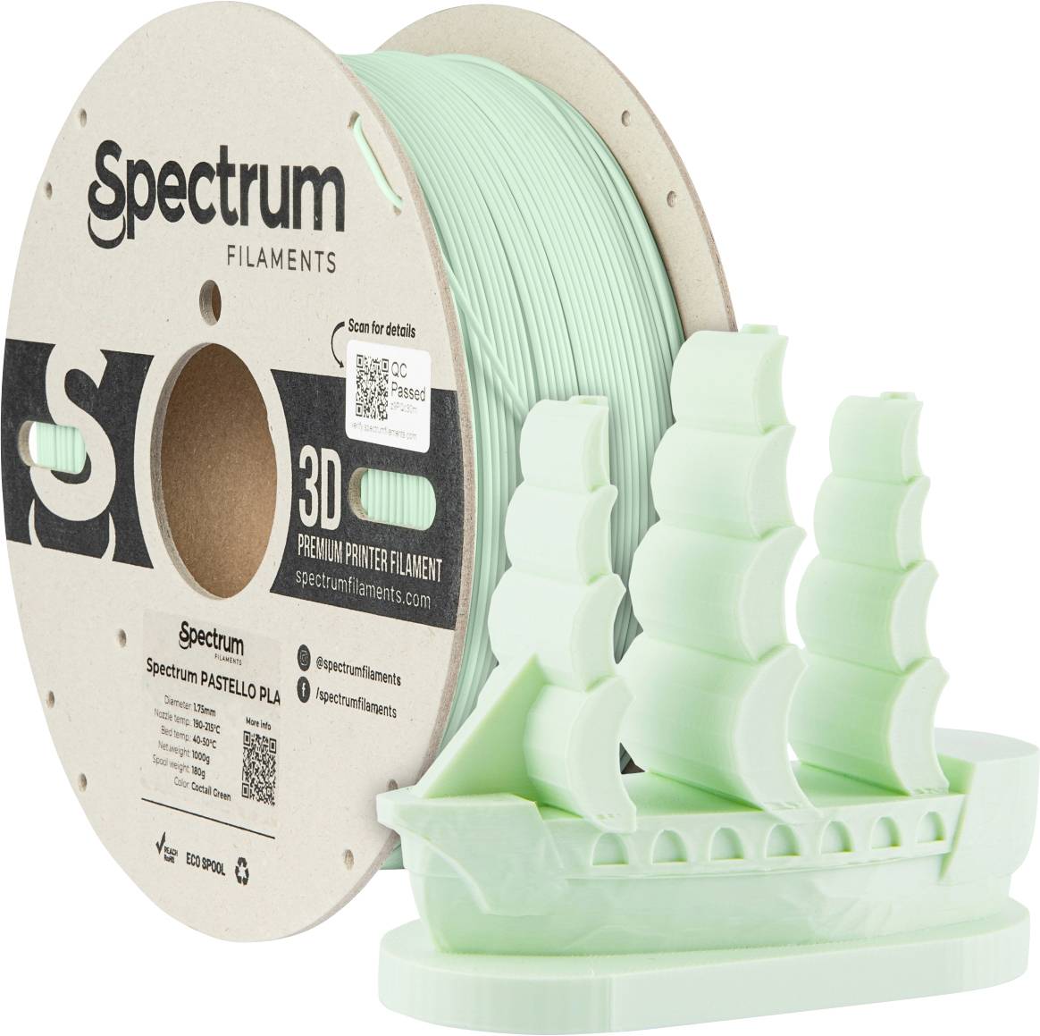 Na slici se nalazi špula s mentasto zelenom 3D printer niti marke 'Spectrum', smještena pored 3D štampanog jedrilice.