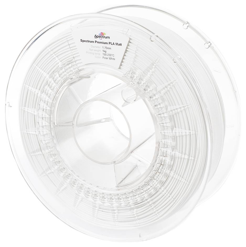Prozirna rola s bijelim 3D pisačkim filamentom marke 'Spectrum Premium PLA Matt', promjera 1,75 mm, 1 kg, preporučena temperatura 190-220°C.