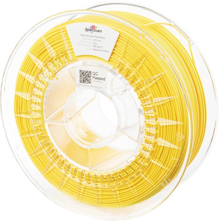 Žuti 3D-pisački filament na svitku s etiketom 'Spectrum PLA Pro', temperaturni raspon 185-230°C, boja: Sahara Yellow.