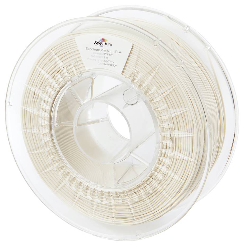 3D-pisač filament naролни u svijetloj bež boji, označen etiketom 'Spectrum Premium PLA', prikazuje količinu, težinu i boju.