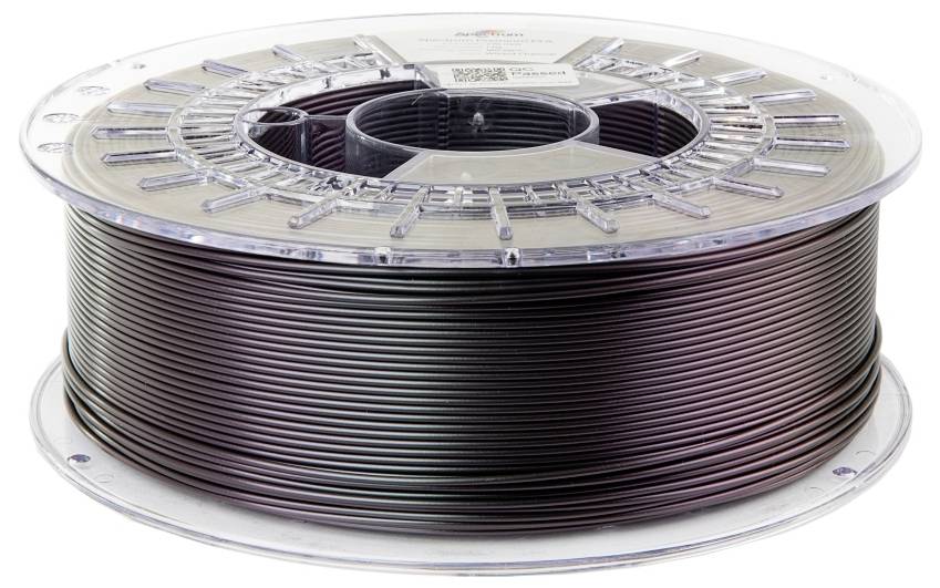 Špula s 3D-pisačkim filamentom, crna, na prozirnom nosaču. Glavna komponenta za 3D printanje.