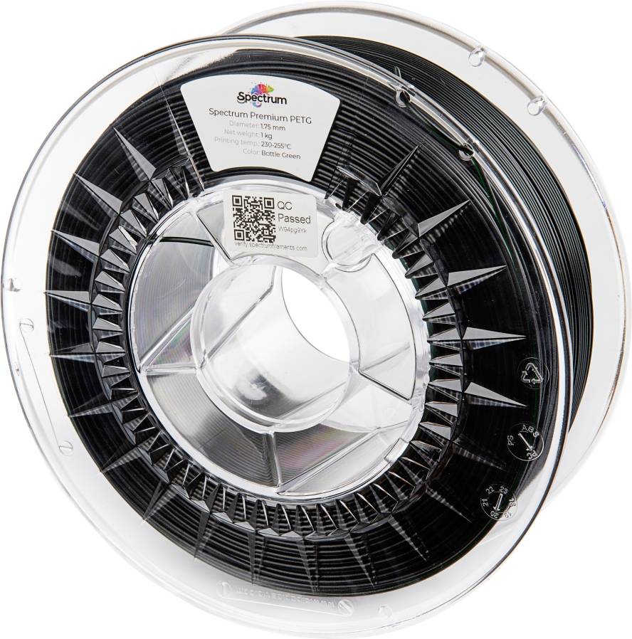 Crna 3D pisač filament role od Spectrum Premium PETG, 1 kg. Etiketa prikazuje temperature printanja i QR kod za dodatne informacije.