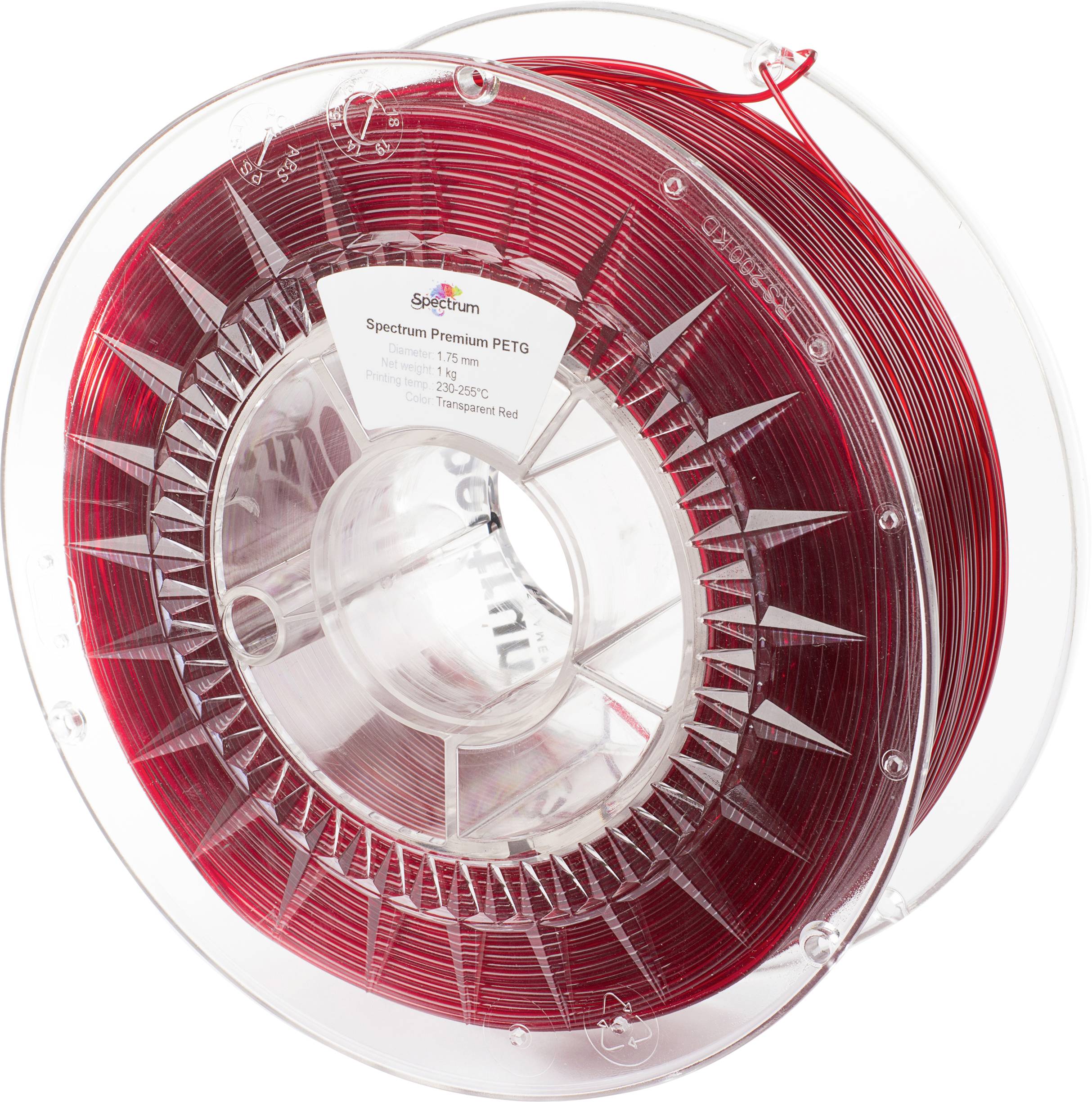 Crveno-prozirna 3D printer filament rolna od PETG-a, 1 kg, promjera 1,75 mm, marke Spectrum, snimljena sa strane.