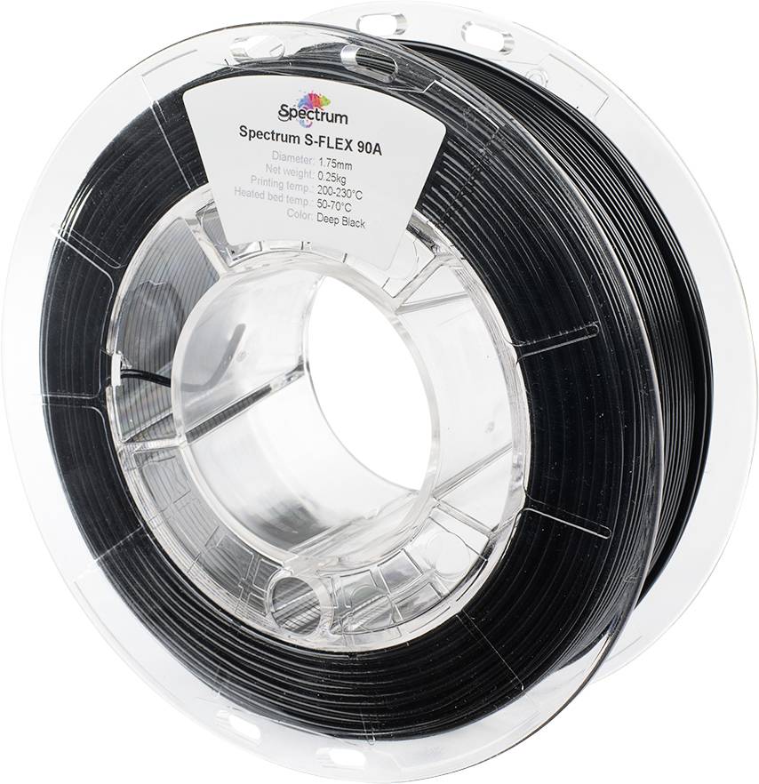 Crna 3D tiskarska rolica filamenta s specifikacijama na naljepnici: promjer 1,75 mm, masa 0,5 kg, temperatura tiska 200-230°C.
