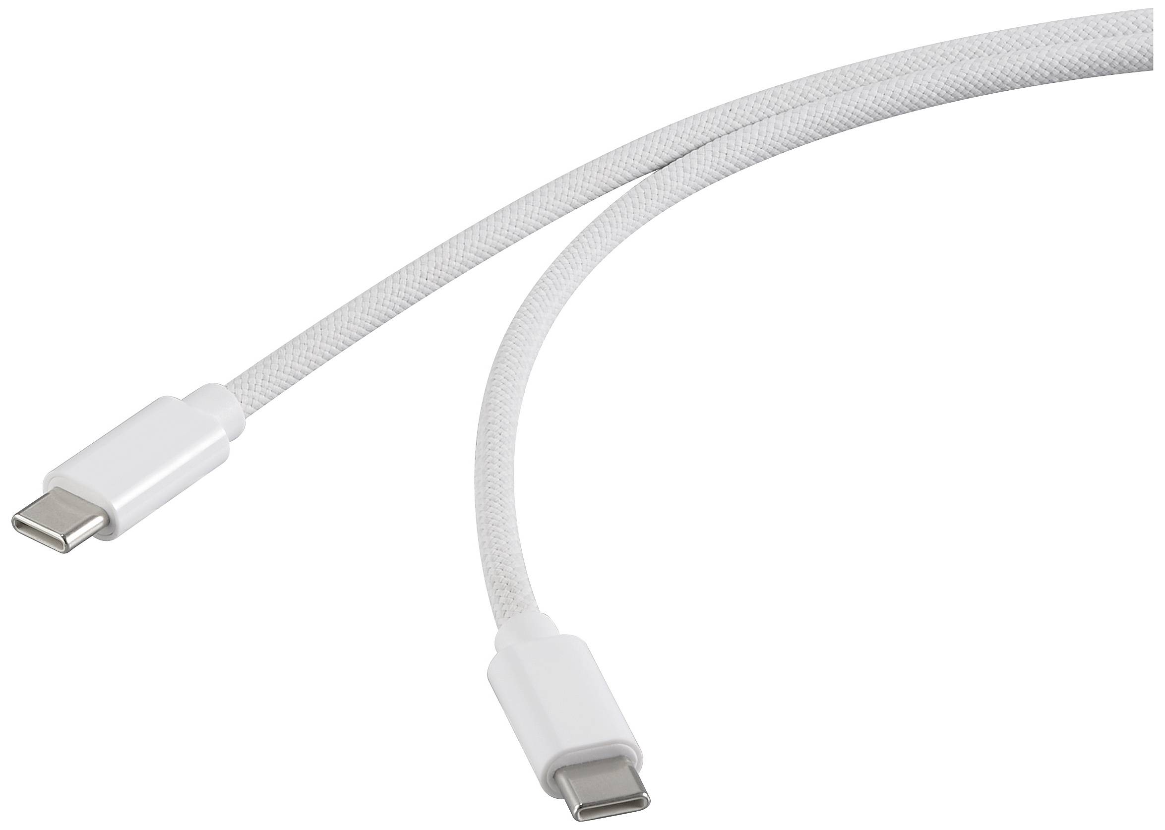 Bijeli USB-C kabel s pletenom zaštitnom ovojnicom, prikazan s oba priključka vidljiva.