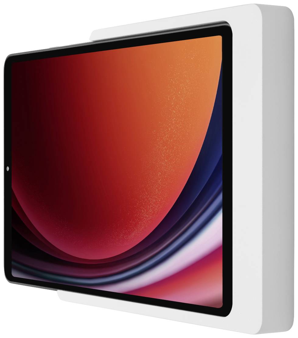 Moderni tablet s osvjetljenim zaslonom u bijelom okviru, lebdeći ispred bijele pozadine, pogled sa strane.