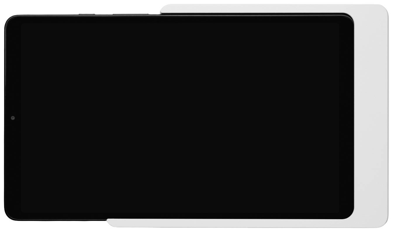 Crni tablet s crnim zaslonom leži na bijeloj, blago zaobljеnoj površini.