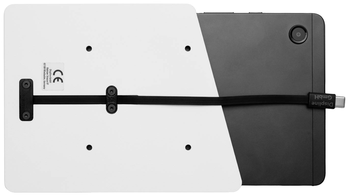 Tablet s crnom stražnjom stranom djelomično je prekriven bijelim poklopcem koji ima veznicu za pričvršćivanje.