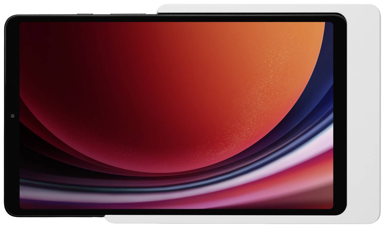 Tablet s crnim okvirom i zaslonom koji prikazuje apstraktnu grafiku obojanu crvenom i bijelom bojom.