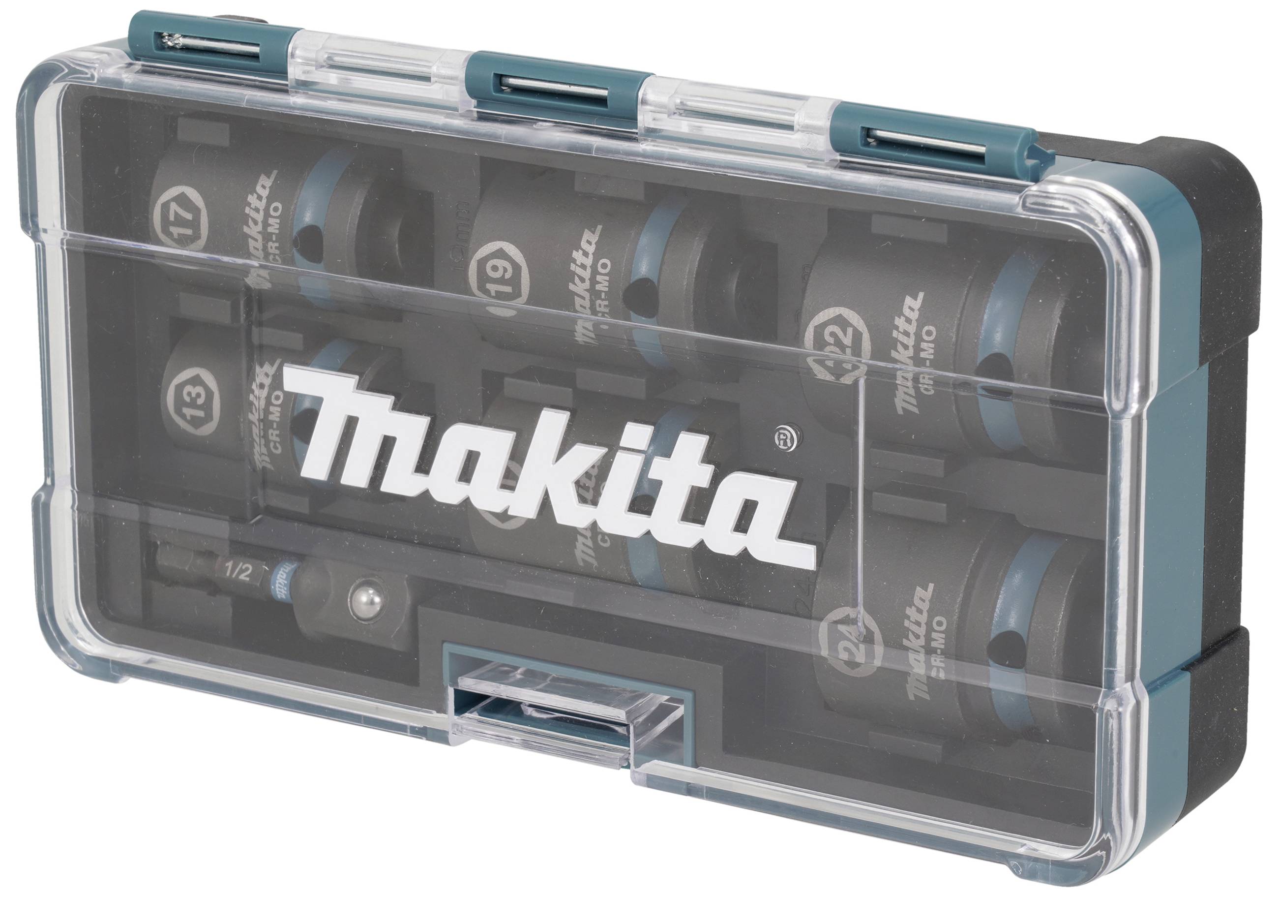 Prozirni plastični kovčeg s logotipom 'Makita' sadrži različite nasadne ključeve u raznim veličinama.