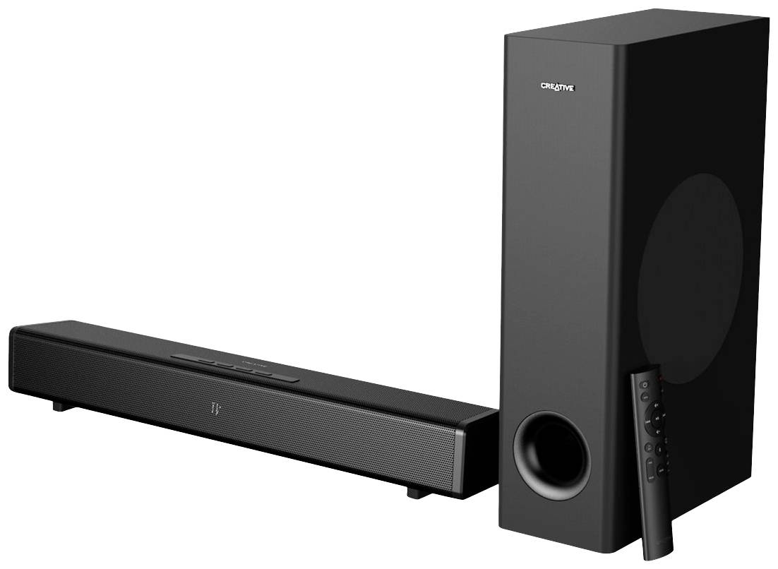 Soundbar i subwoofer set s daljinskim upravljačem. Glavna tema: oprema za kućno kino. Crna, elegantnog dizajna.