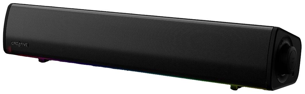Crna soundbar sa perforiranom rešetkom zvučnika, ispod koje prosvjetljava RGB osvjetljenje. Marka 'Creative' na bočnoj strani.