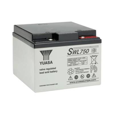 Yuasa ventilom upravljana olovana baterija, model SWL750; pogodan za pričuvnu uporabu. Informacije o naponu i kapacitetu otisnute su na bateriji.